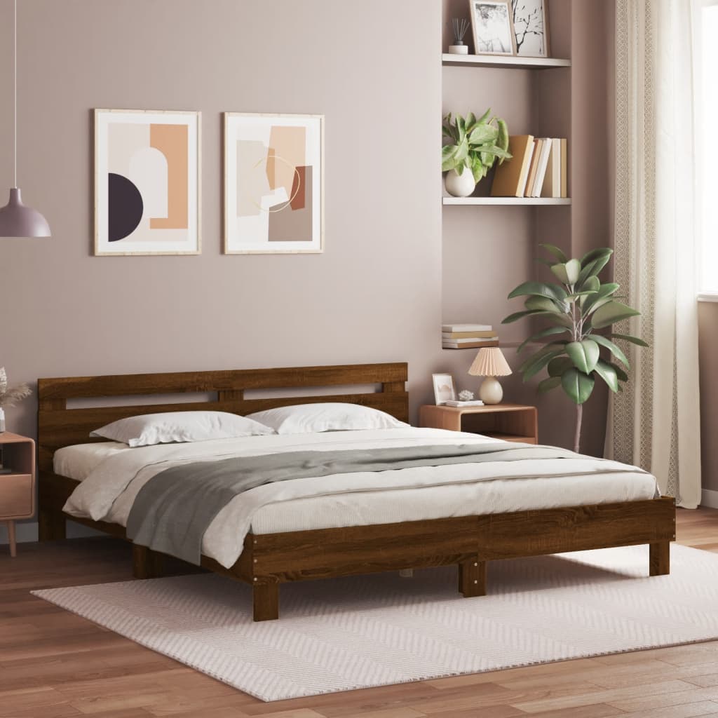 Sengeramme med hodegavl brun eik 200x200 cm konstruert tre