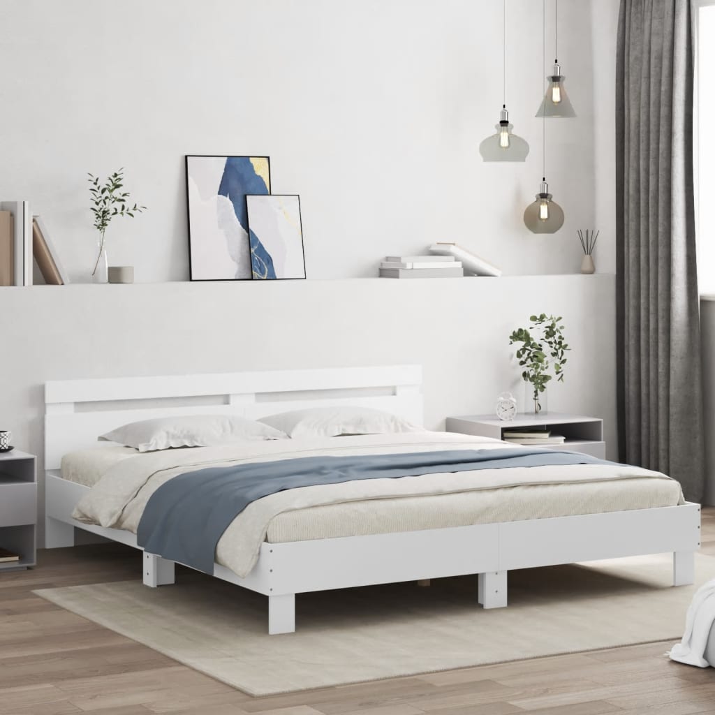 Sengeramme med sengegavl og LED hvit 200x200 cm