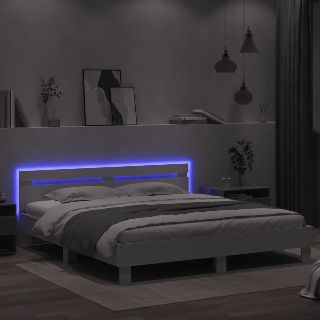 Sengeramme med sengegavl og LED hvit 200x200 cm