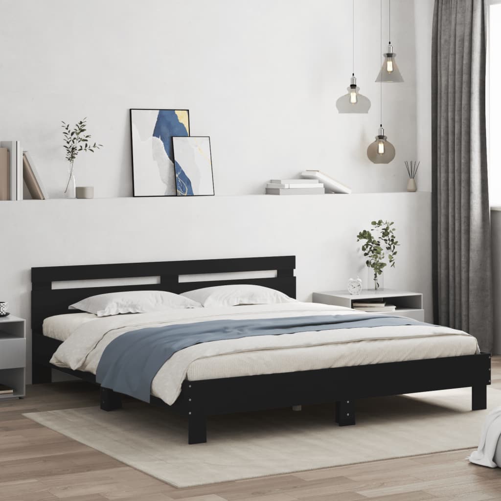 Sengeramme med hodegavl og LED svart 200x200 cm