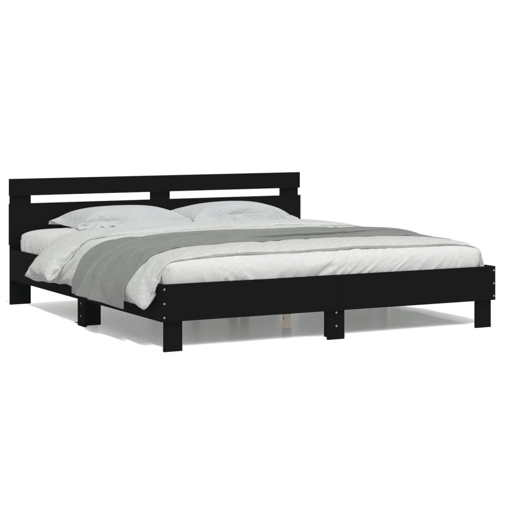 Sengeramme med hodegavl og LED svart 200x200 cm