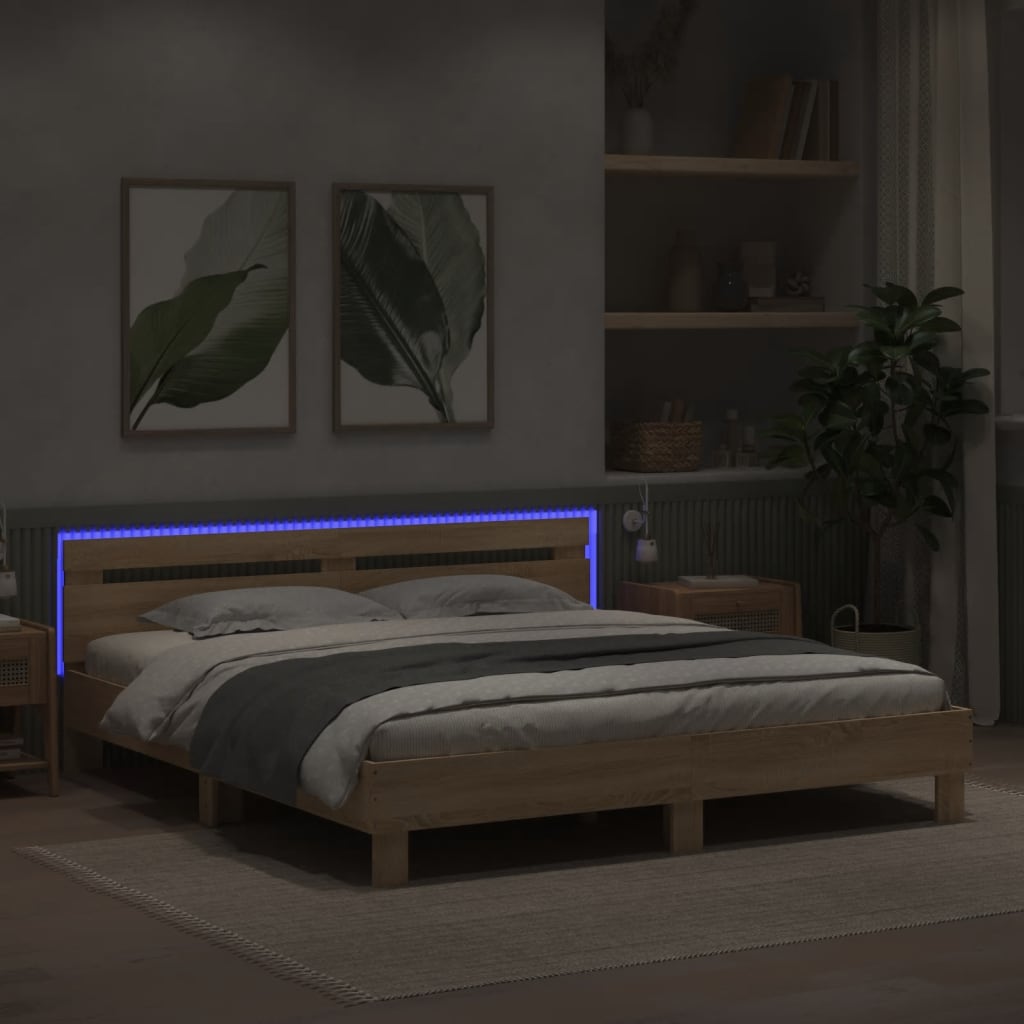 Sengeramme med hodegavl og LED sonoma eik 200x200 cm