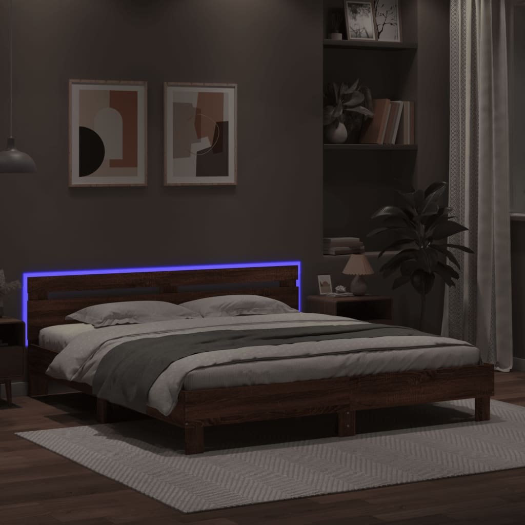 Sengeramme med hodegavl og LED brun eik 200x200 cm