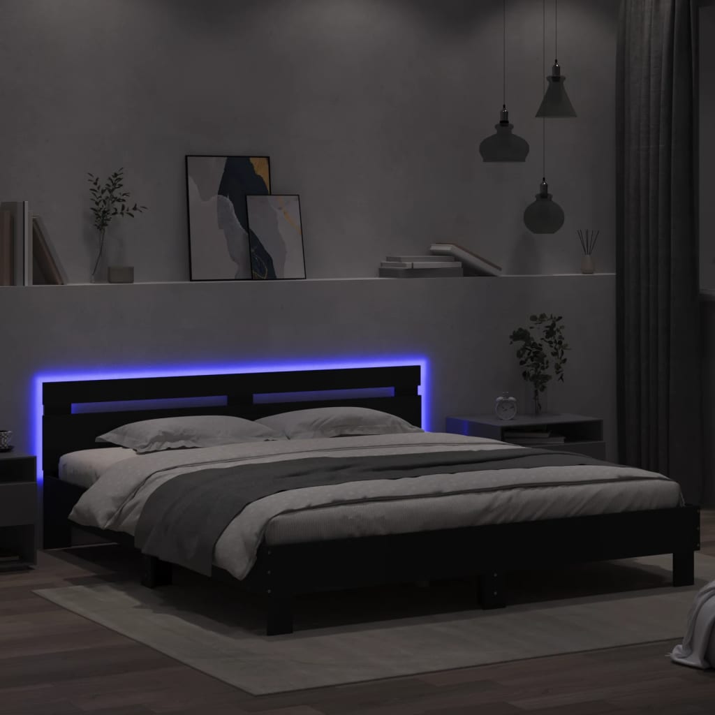 Sengeramme med hodegavl og LED svart 160x200 cm