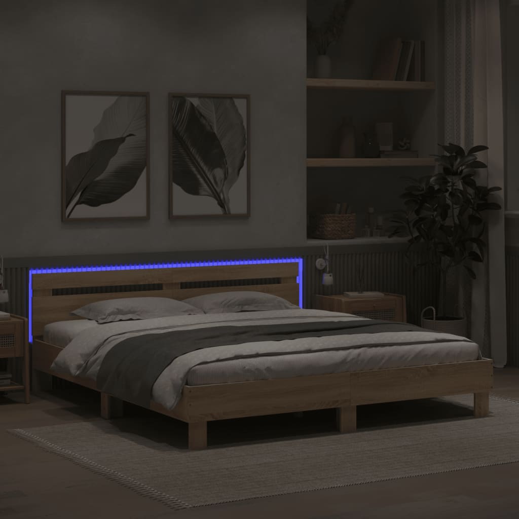 Sengeramme med hodegavl og LED sonoma eik 160x200 cm
