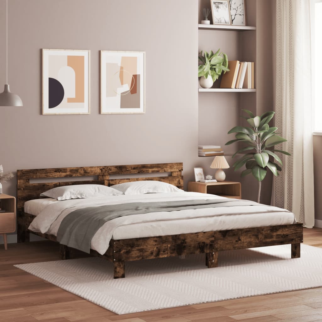 Sengeramme med hodegavl og LED røkt eik 160x200 cm