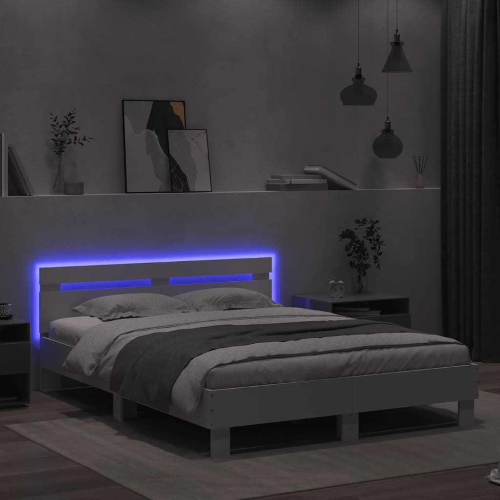 Sengeramme med sengegavl og LED hvit 150x200 cm