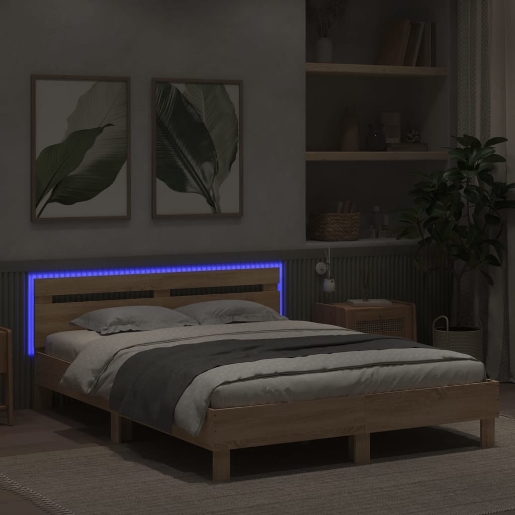 Sengeramme med hodegavl og LED sonoma eik 150x200 cm