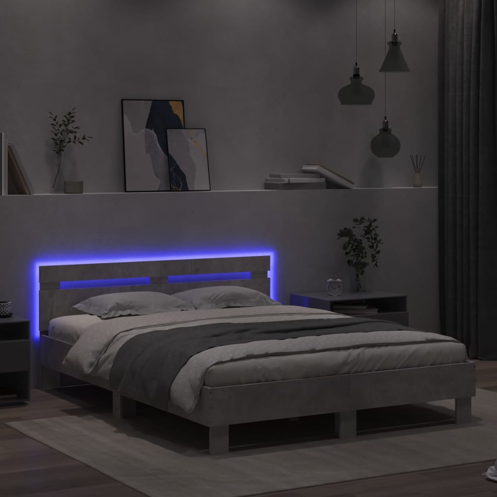 Sengeramme med hodegavl og LED betonggrå 150x200 cm