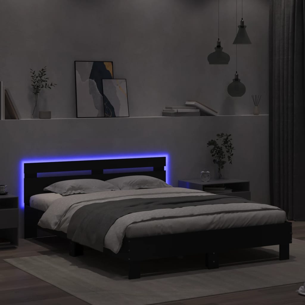 Sengeramme med hodegavl og LED svart 140x200 cm