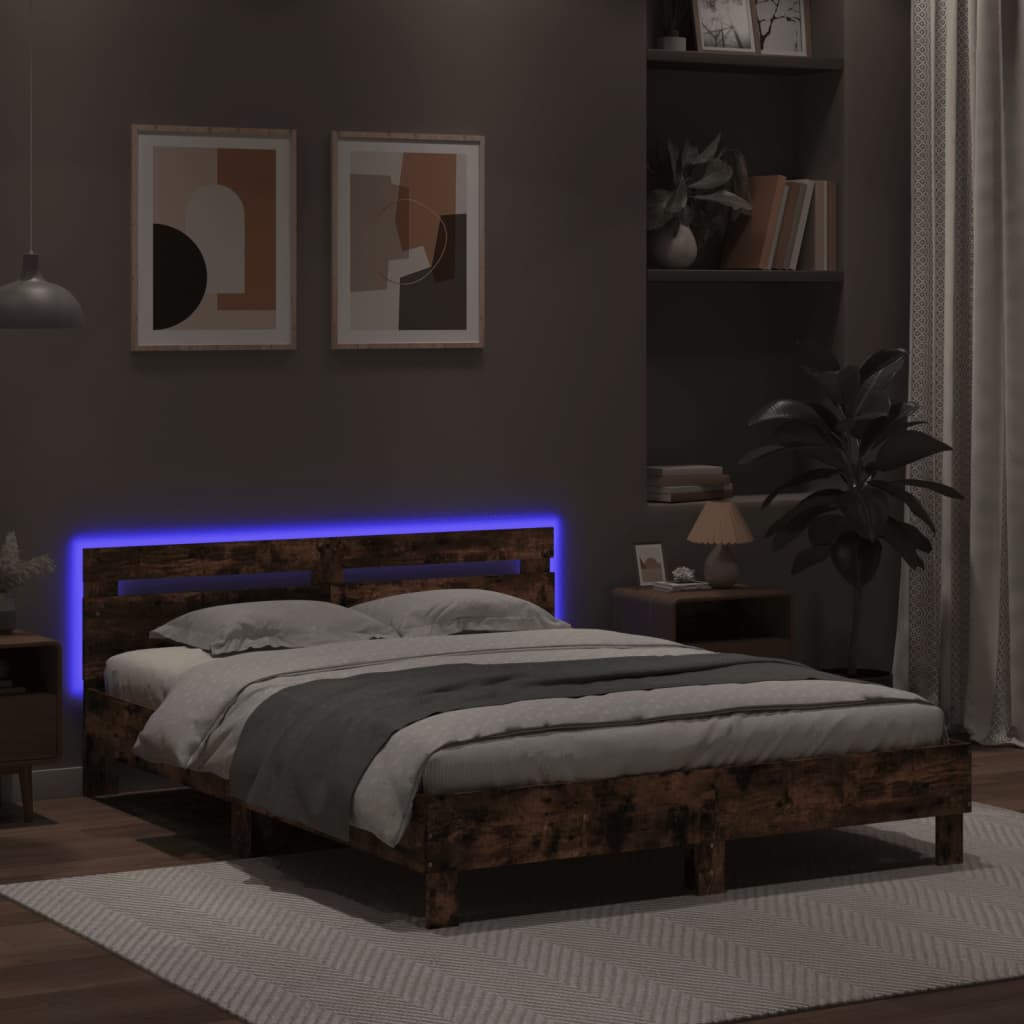 Sengeramme med hodegavl og LED brun eik 140x200 cm