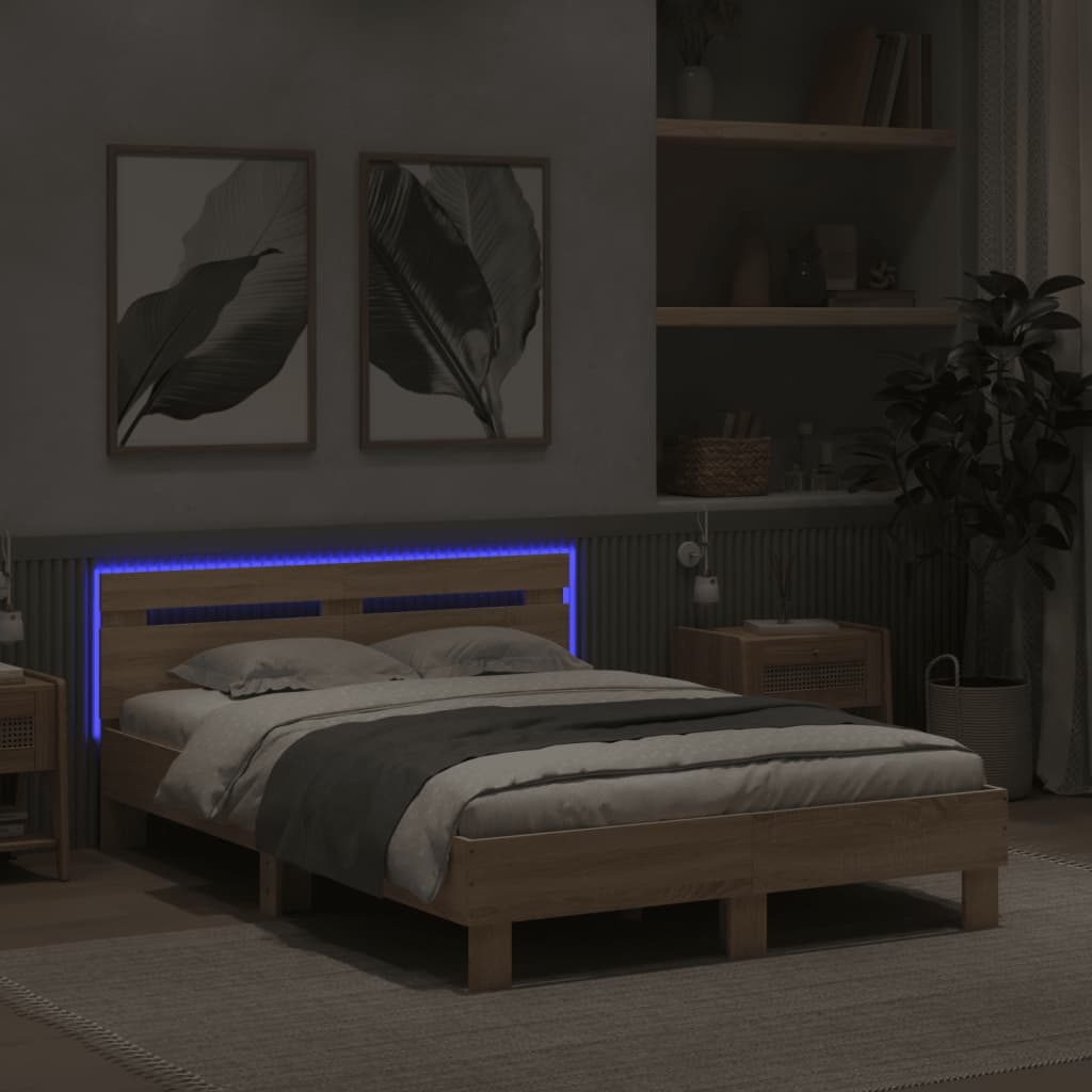 Sengeramme med hodegavl og LED sonoma eik 120x200 cm