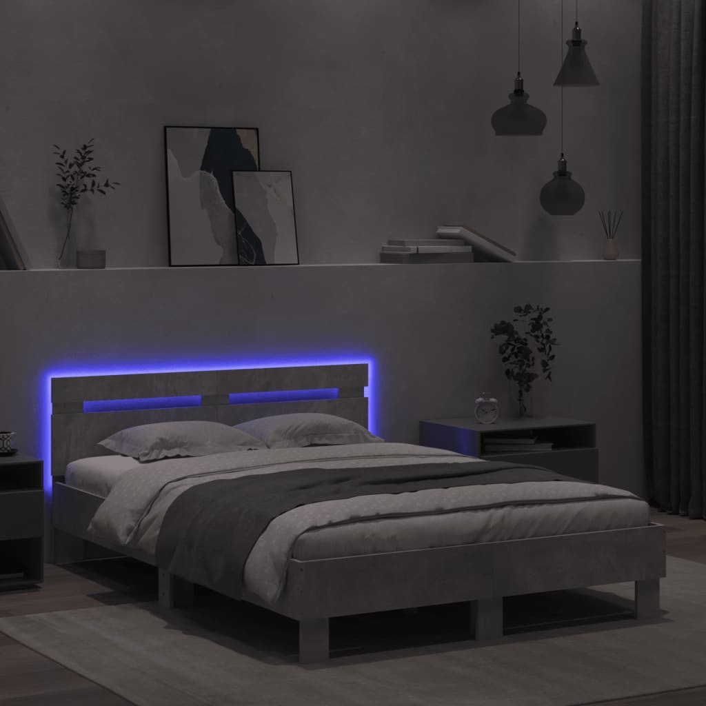 Sengeramme med hodegavl og LED betonggrå 120x200 cm