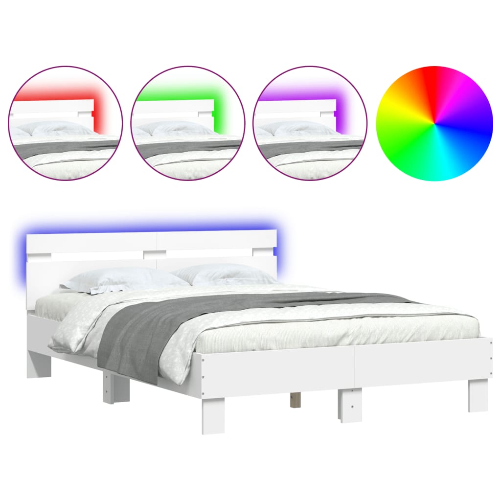 Sengeramme med hodegavl og LED hvit 135x190 cm