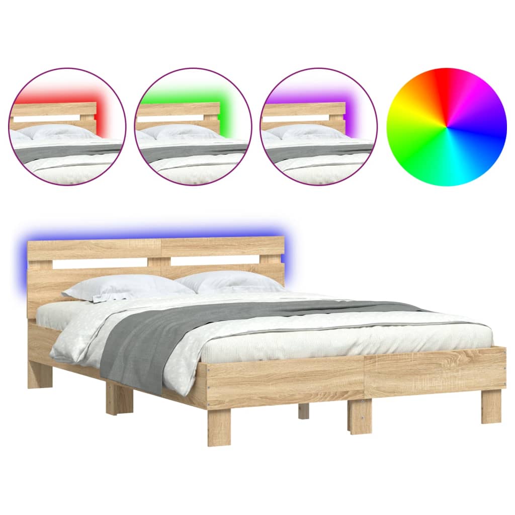 Sengeramme med hodegavl og LED sonoma eik 135x190 cm