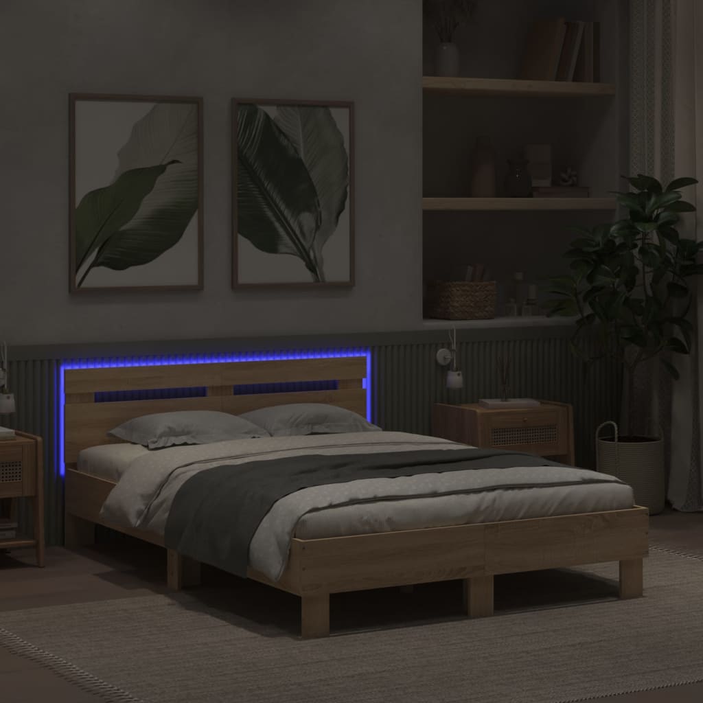 Sengeramme med hodegavl og LED sonoma eik 135x190 cm