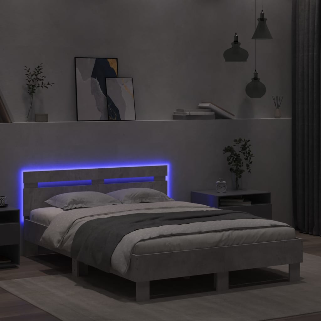 Sengeramme med hodegavl og LED betonggrå 120x190 cm