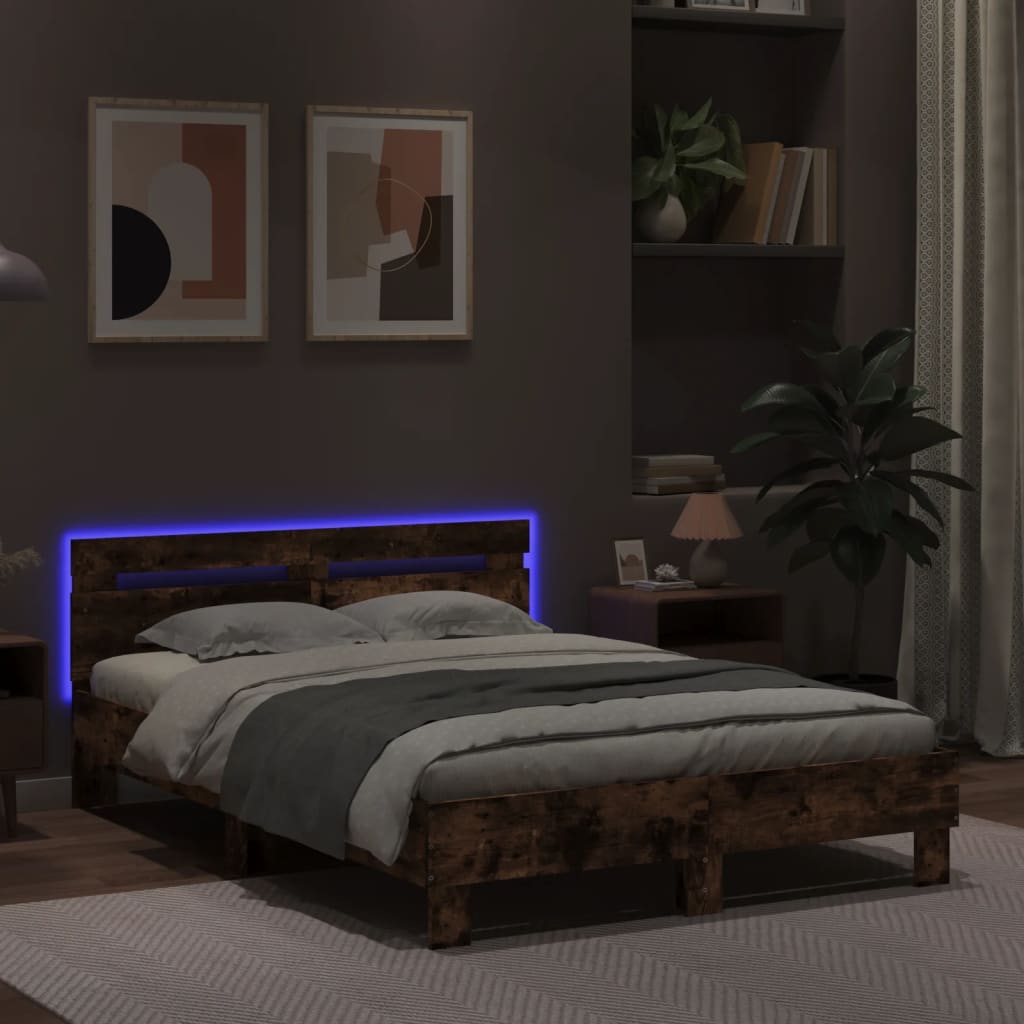 Sengeramme med hodegavl og LED røkt eik 120x190 cm
