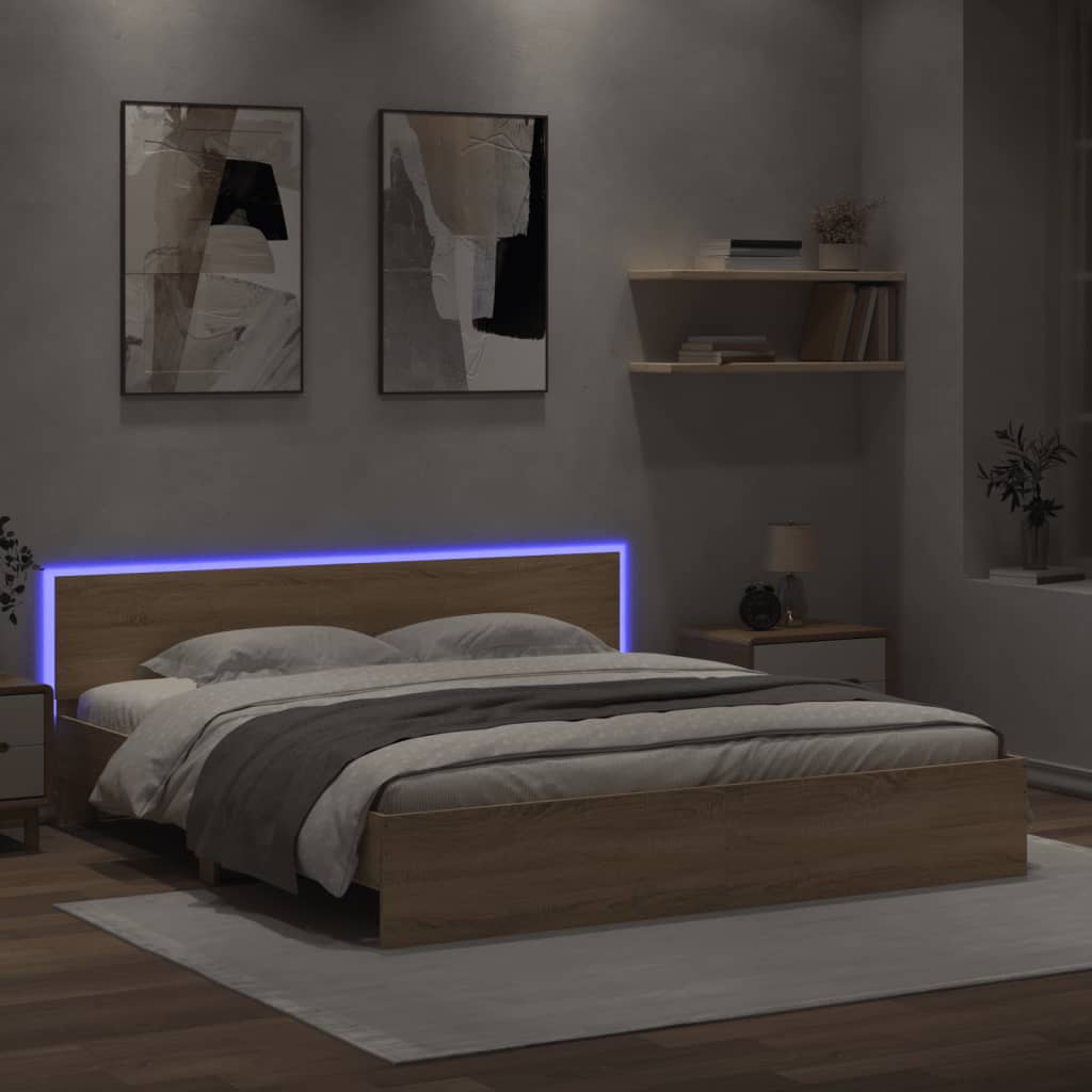 Sengeramme med hodegavl og LED sonoma eik 200x200 cm