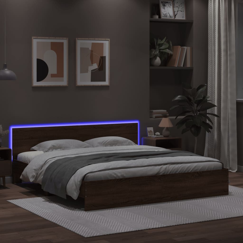 Sengeramme med hodegavl og LED brun eik 200x200 cm