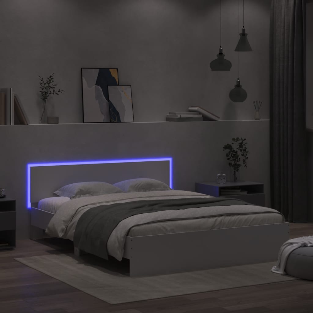 Sengeramme med hodegavl og LED hvit 160x200 cm