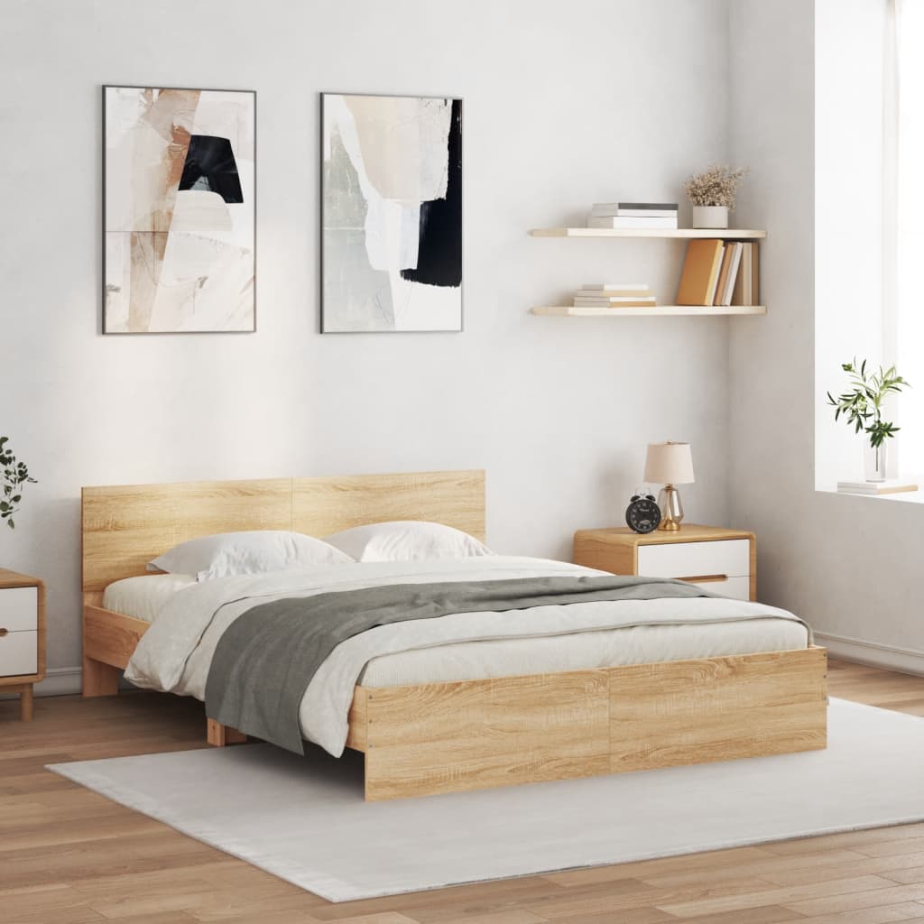Sengeramme med hodegavl og LED sonoma eik 160x200 cm