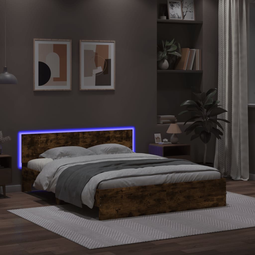 Sengeramme med hodegavl og LED røkt eik 160x200 cm