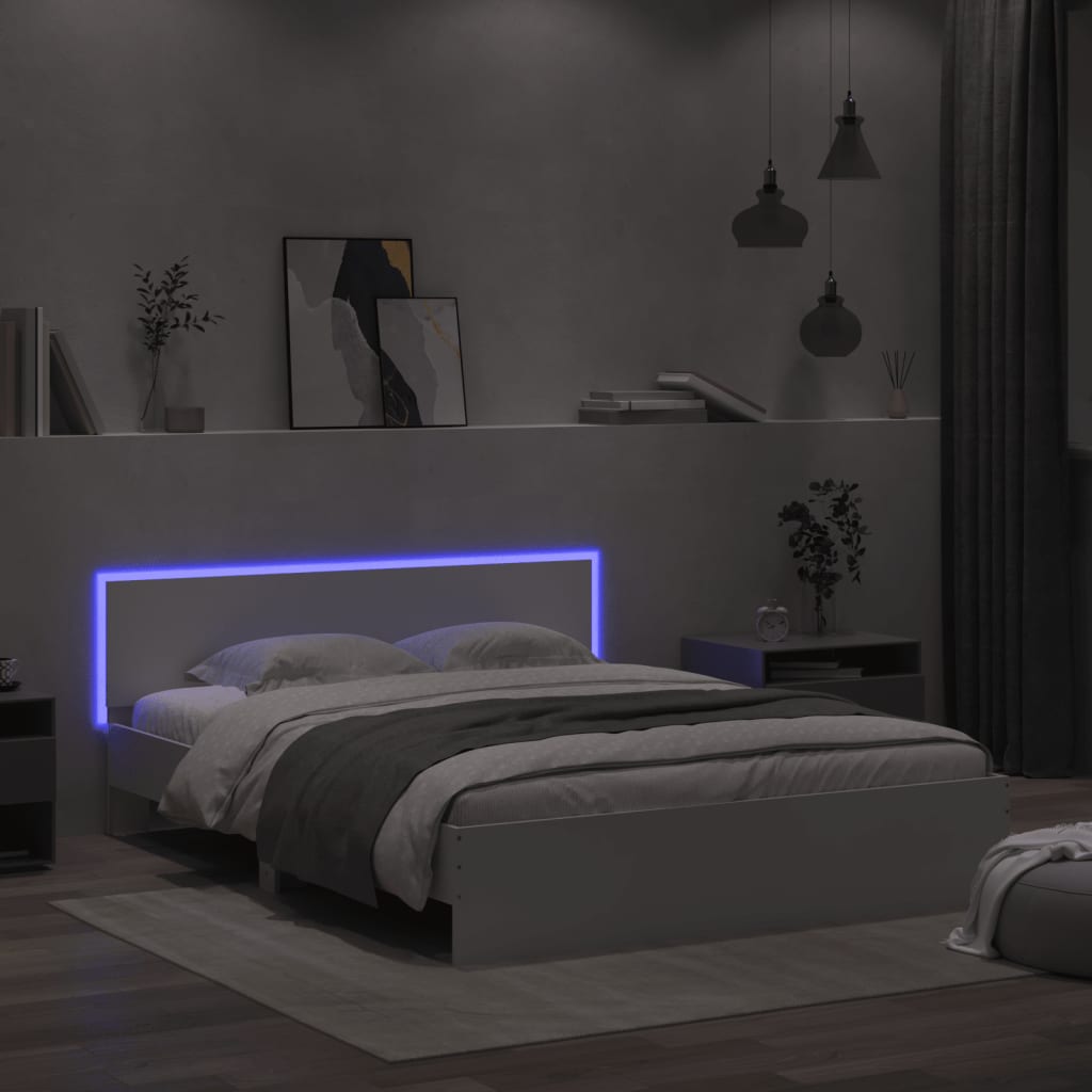 Sengeramme med sengegavl og LED hvit 150x200 cm