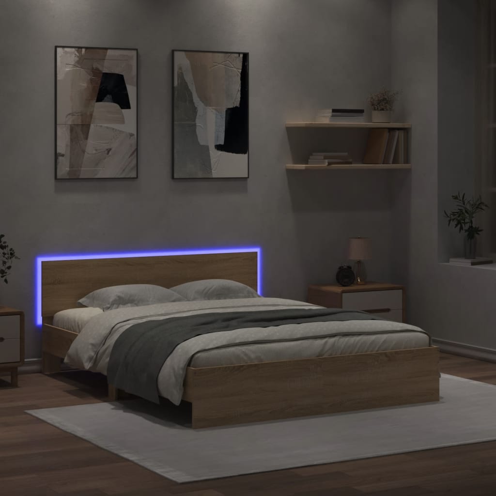 Sengeramme med hodegavl og LED sonoma eik 150x200 cm