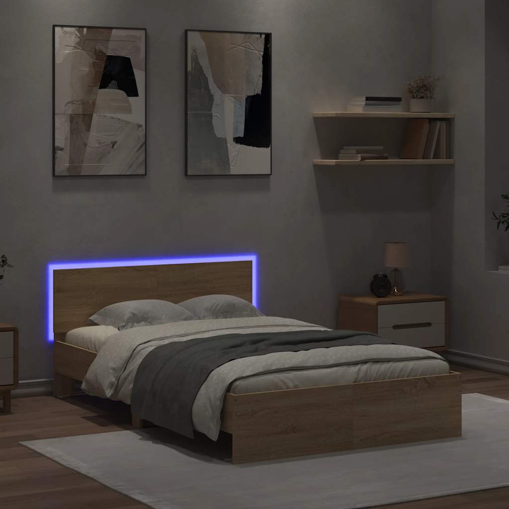 Sengeramme med hodegavl og LED sonoma eik 140x200 cm