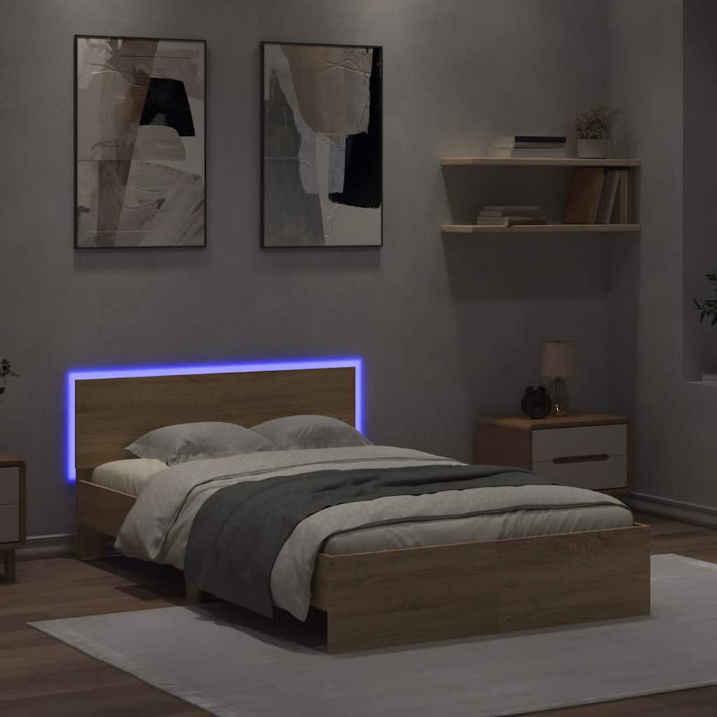 Sengeramme med hodegavl og LED sonoma eik 140x190 cm