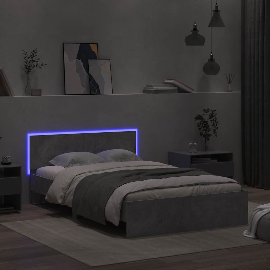 Sengeramme med hodegavl og LED betonggrå 140x190 cm