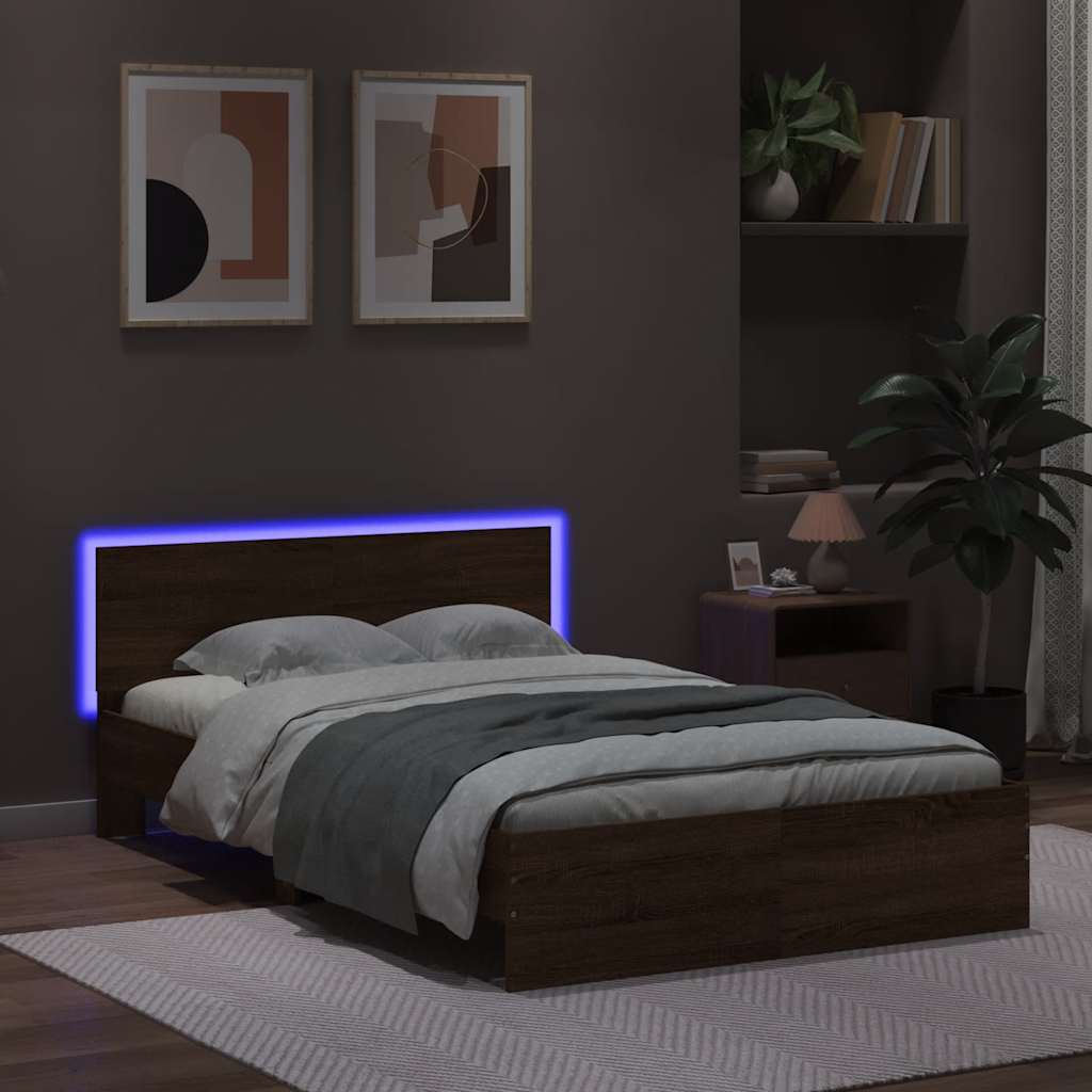 Sengeramme med hodegavl og LED brun eik 140x190 cm