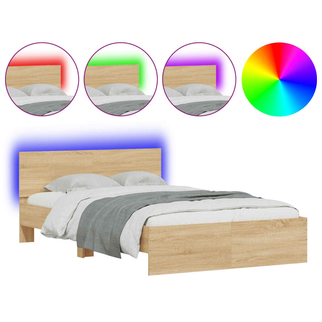 Sengeramme med hodegavl og LED sonoma eik 135x190 cm