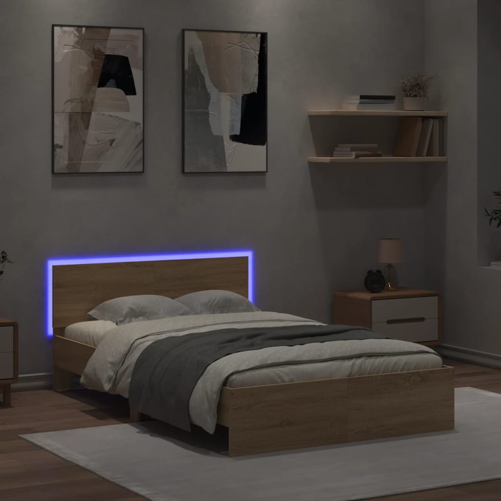 Sengeramme med hodegavl og LED sonoma eik 135x190 cm