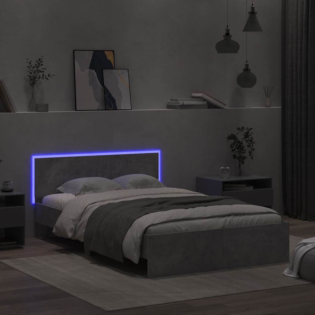 Sengeramme med hodegavl og LED betonggrå 135x190 cm