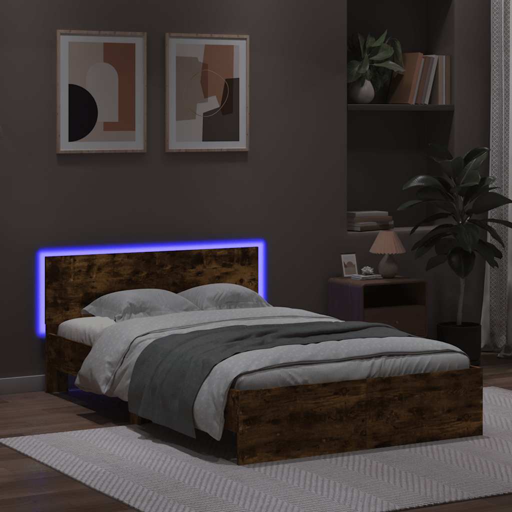 Sengeramme med hodegavl og LED røkt eik 135x190 cm