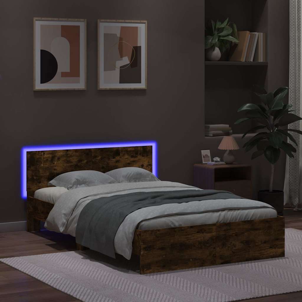 Sengeramme med hodegavl og LED røkt eik 120x190 cm