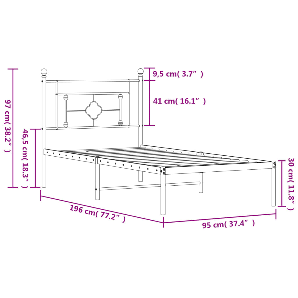 Sengeramme i metall med hodegavl svart 90x190 cm