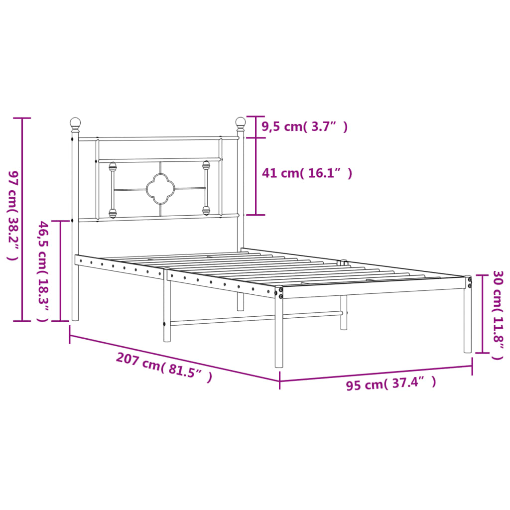 Sengeramme i metall med hodegavl svart 90x200 cm vidaXL