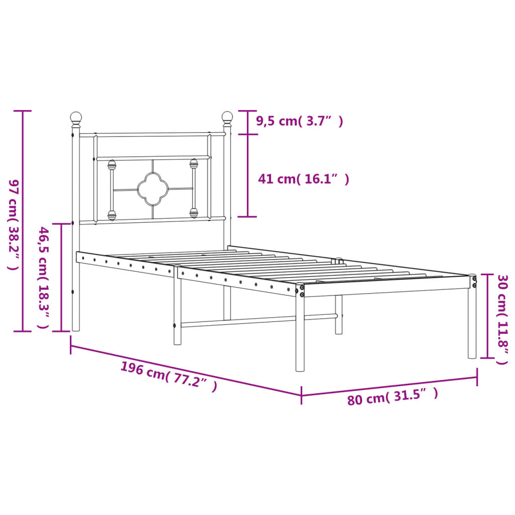 Sengeramme i metall uten madrass med hodegavl hvit 75x190 cm