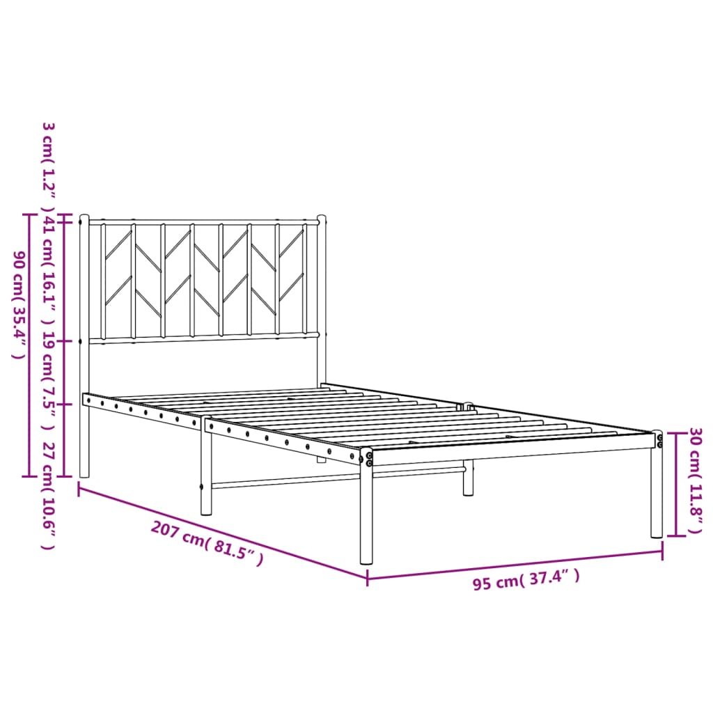 Sengeramme i metall med hodegavl svart 90x200 cm vidaXL