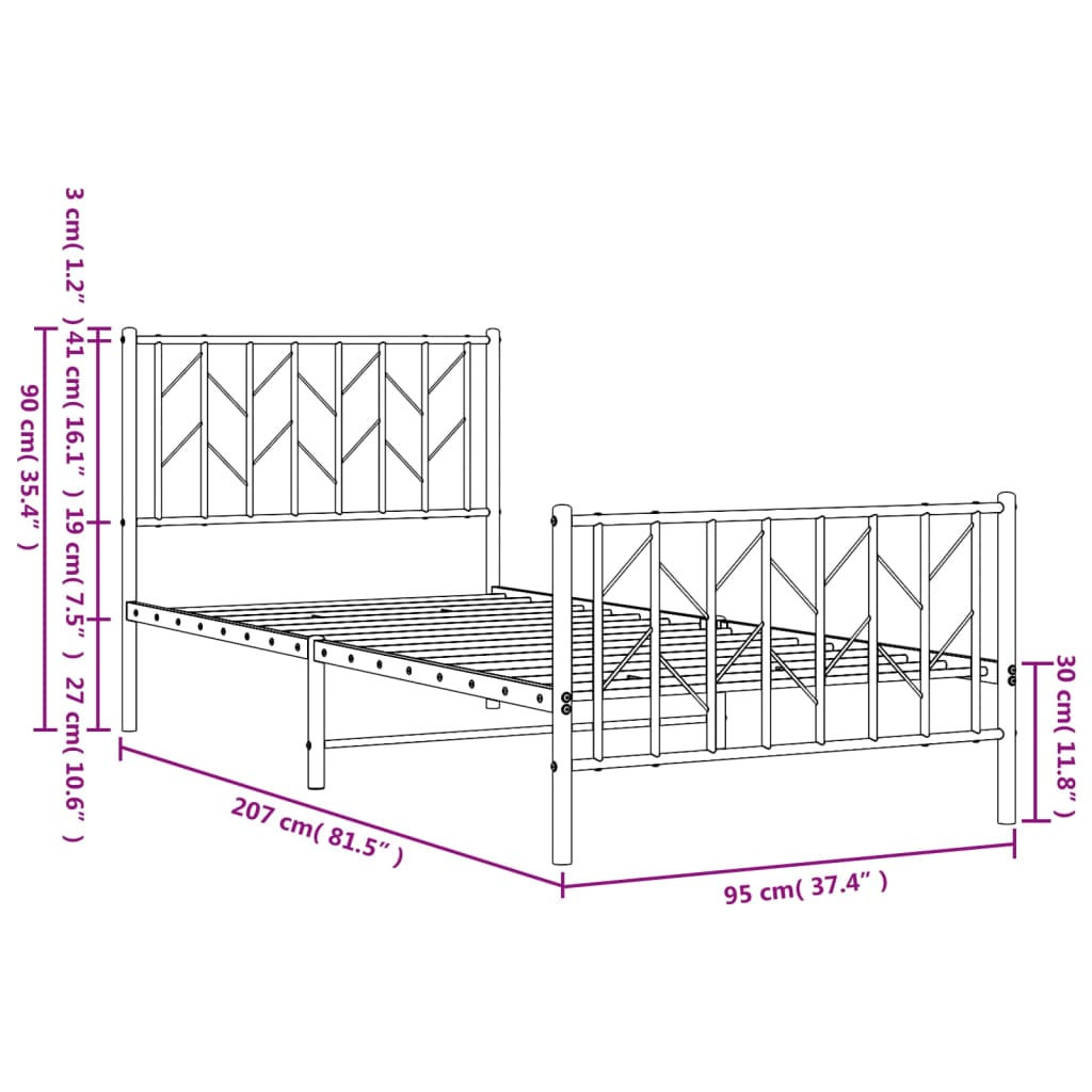 Sengeramme i metall med hode- og fotgavl hvit 90x200 cm vidaXL