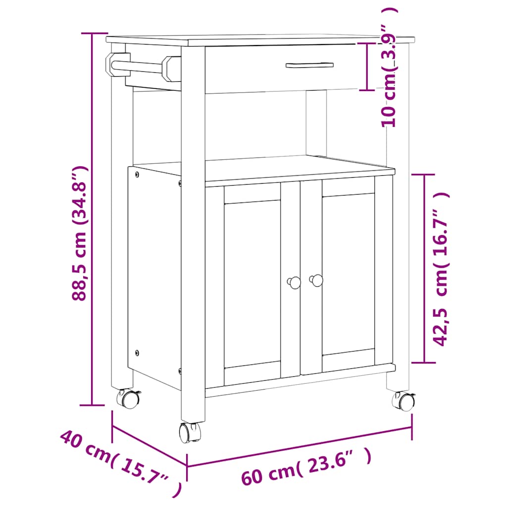 Kjøkkenvogn MONZA 60x40x88,5 cm heltre furu