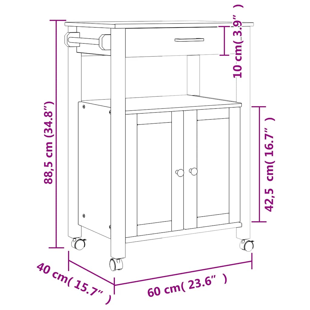 Kjøkkenvogn MONZA 60x40x88,5 cm heltre furu