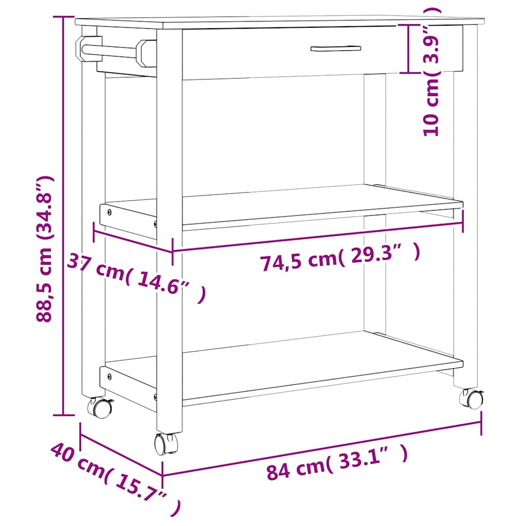 Kjøkkenvogn MONZA 84x40x88,5 cm heltre furu