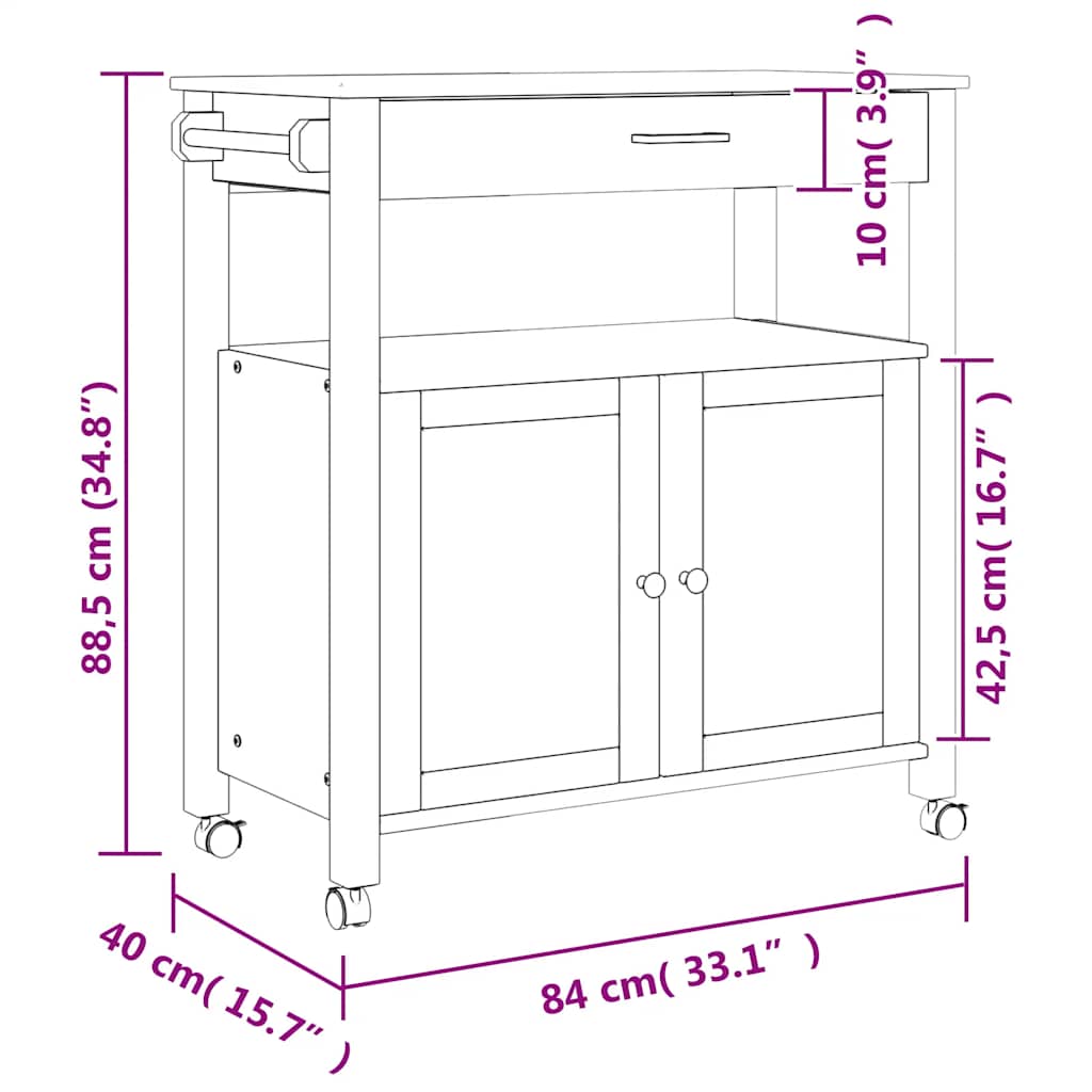 Kjøkkenvogn MONZA 84x40x88,5 cm heltre furu