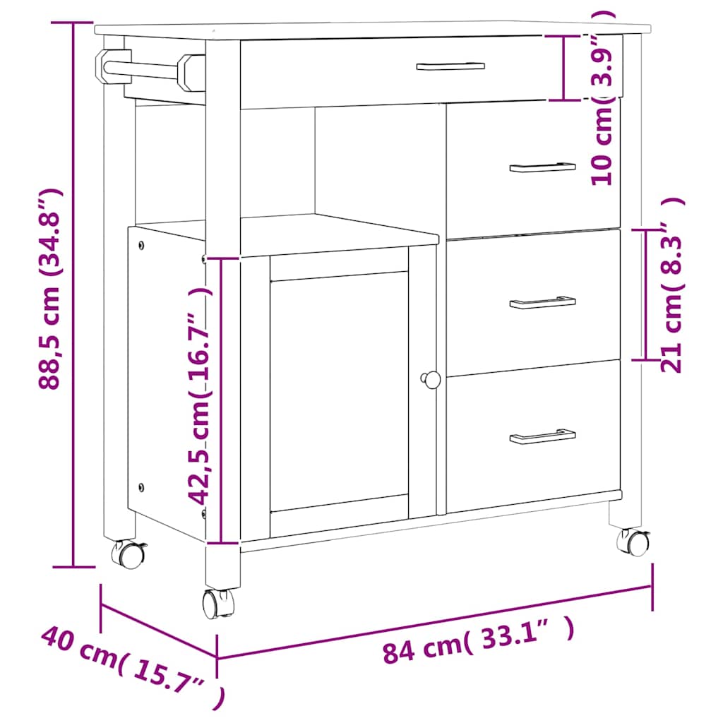 Kjøkkenvogn MONZA 84x40x88,5 cm heltre furu