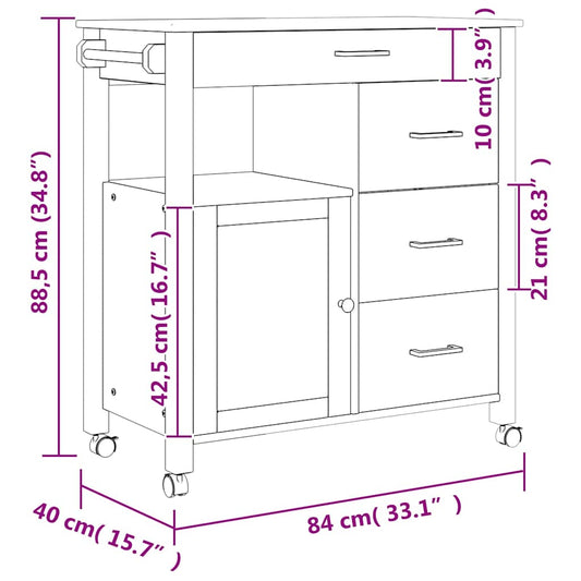 Kjøkkenvogn MONZA 84x40x88,5 cm heltre furu