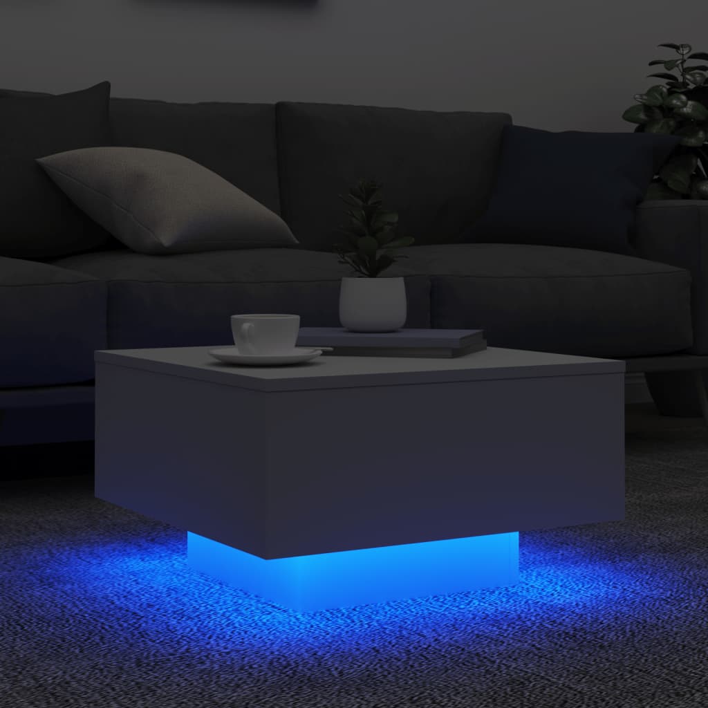 Salongbord med LED-lys hvit 55x55x31 cm